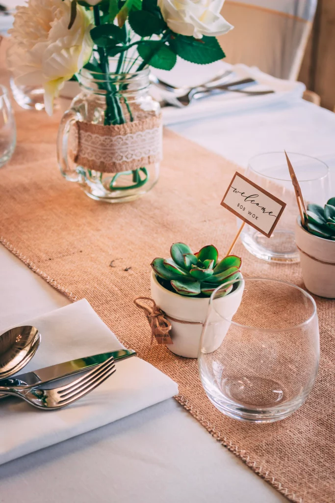 rustic table decoration with succulents and burlaps