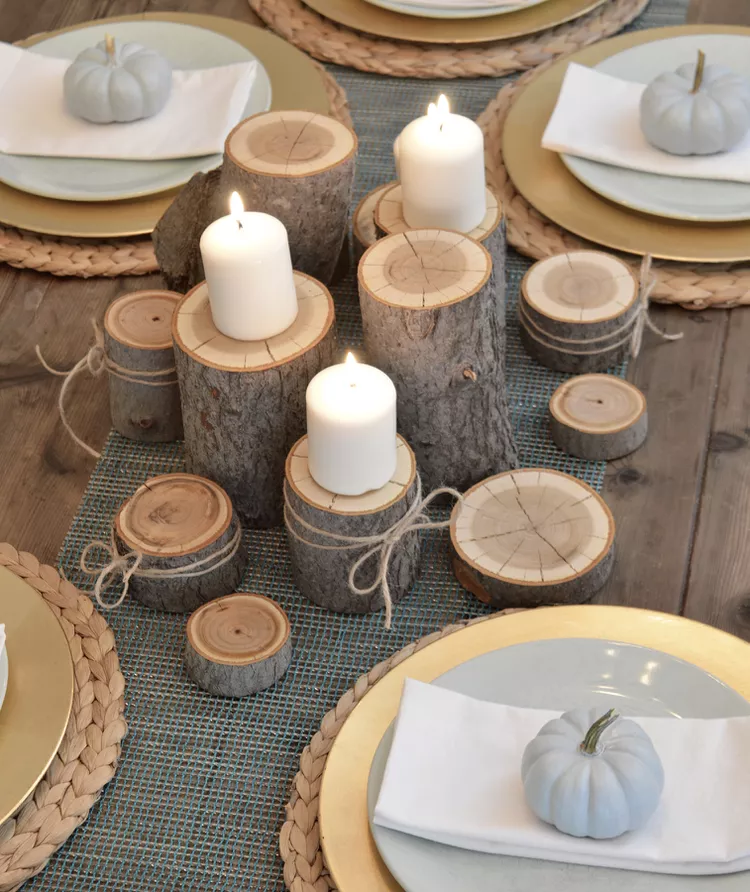 thanksgiving rustic settings with wood centerpieces