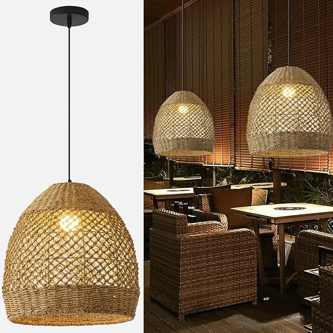 Woven jute pendant light for boho-inspired lighting , linked via Amazon.