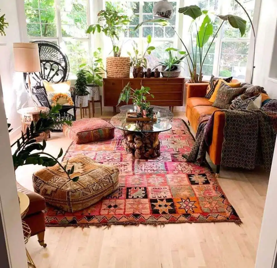 warm colors and textures in rustic boho living room