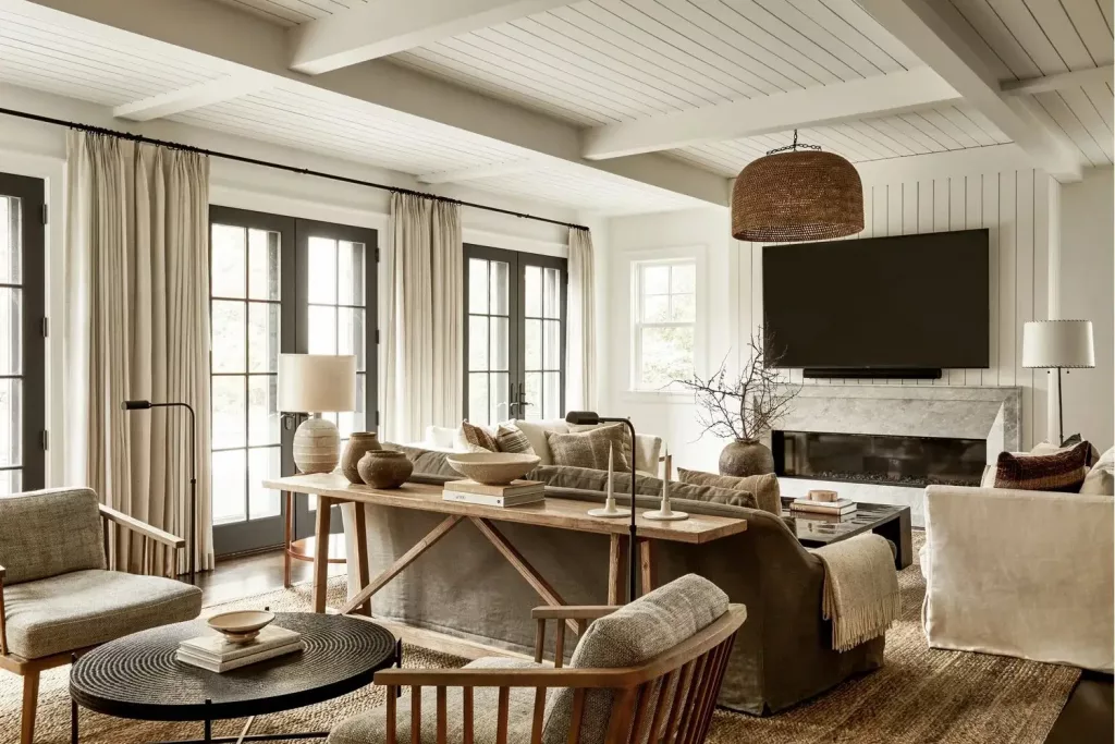 modern rustic home styling with warm tones and lighting