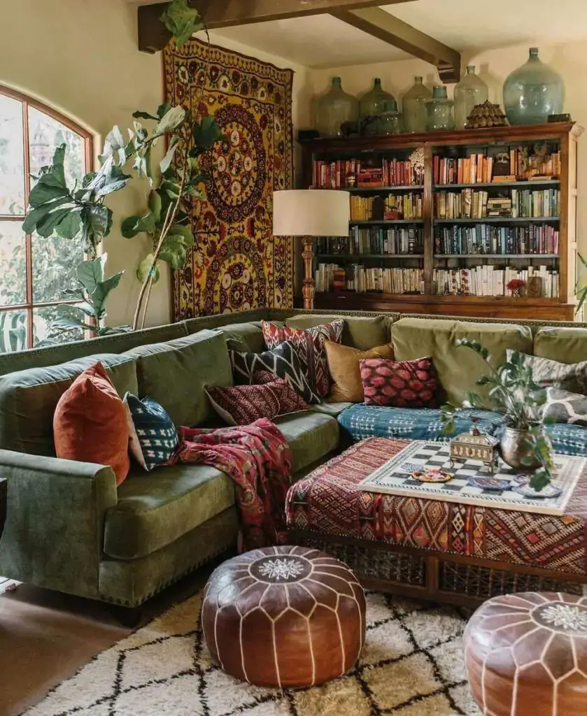 boho living room with rustic decor and colors