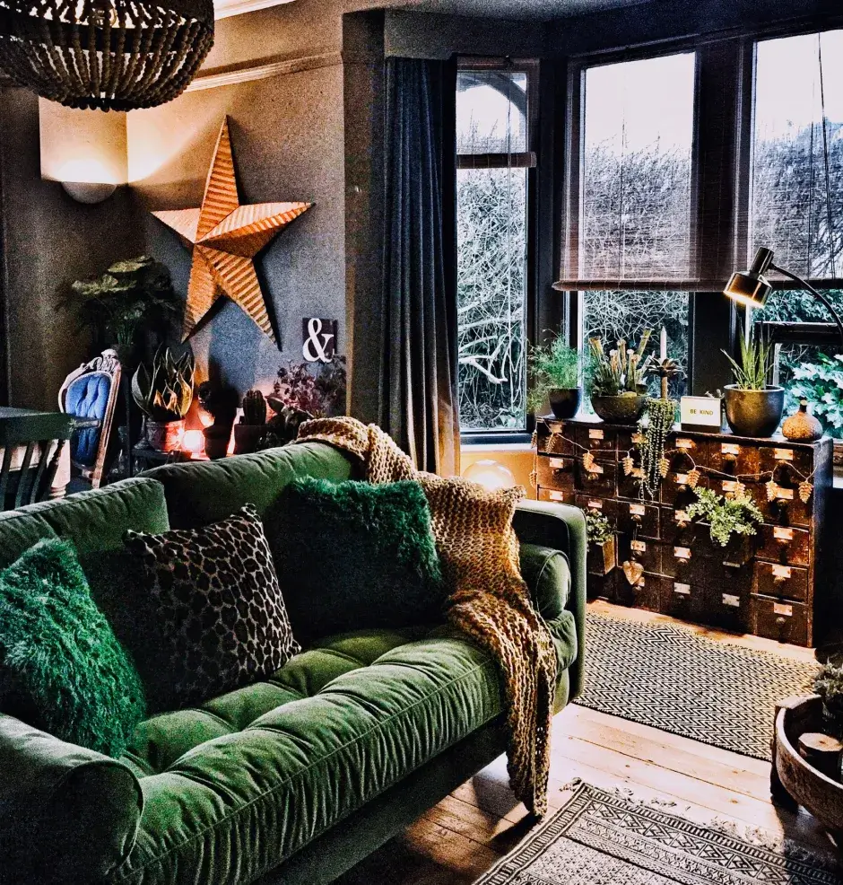 boho living room with rustic decor and colors