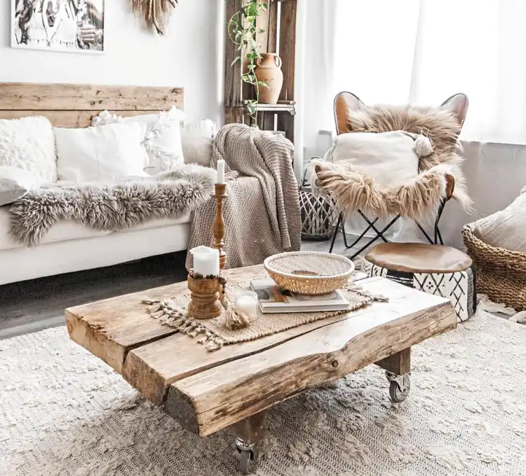soft rustic living room with wool and fur