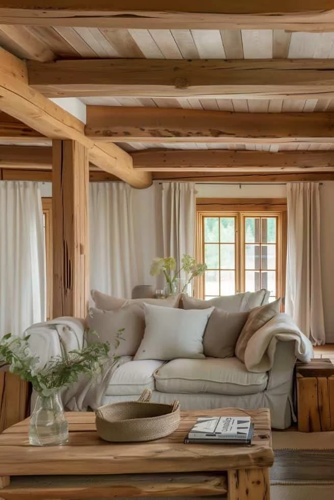 exposed beams complementented with linen curtains and soft furnishings 