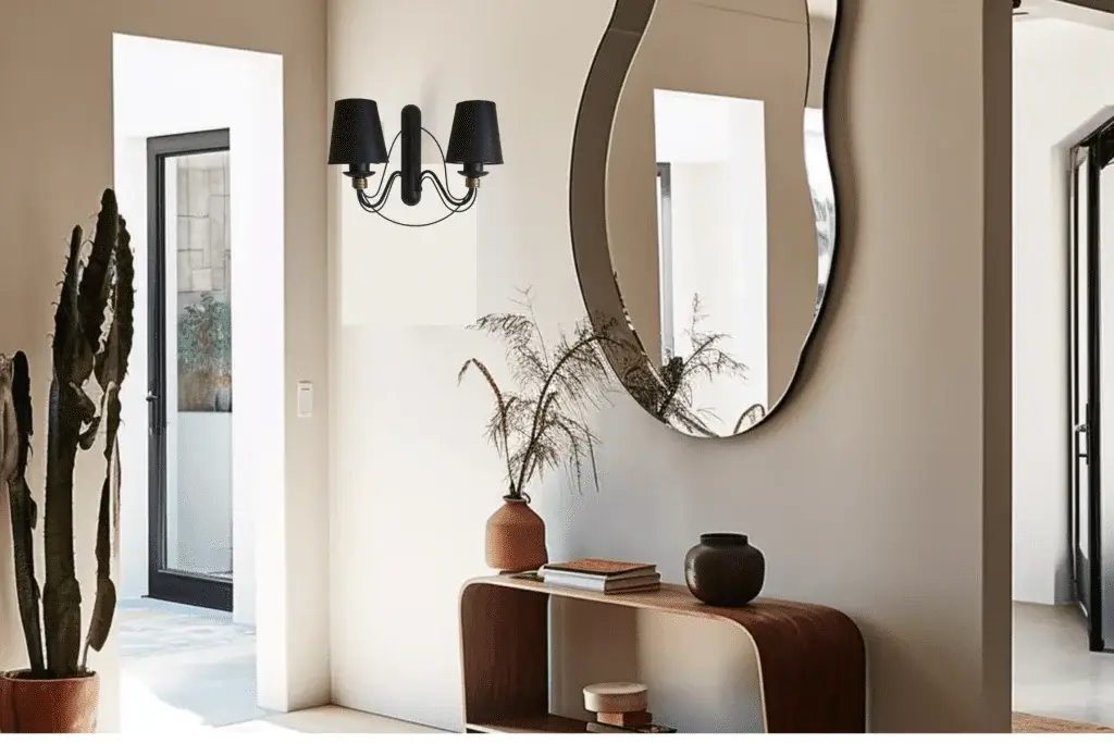 blob mirror in entryway above console table