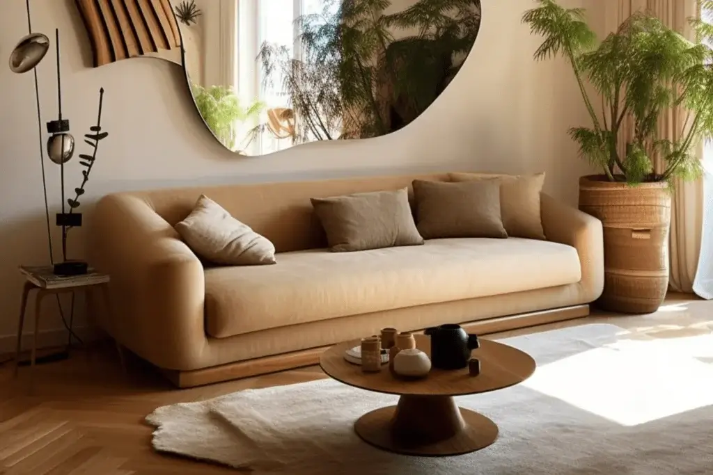 living room with extra large blob mirror above couch