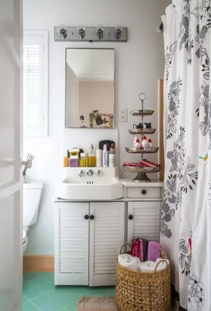 A tiered tray adds style and functionality to a bathroom making it easier to declutter.
