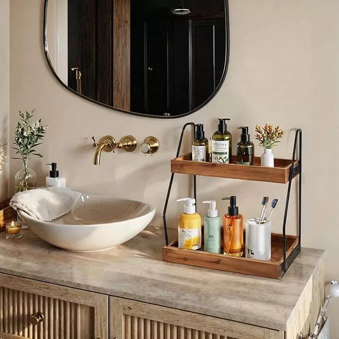 use shelving  to declutter and enhance bathroom countertop organization.
