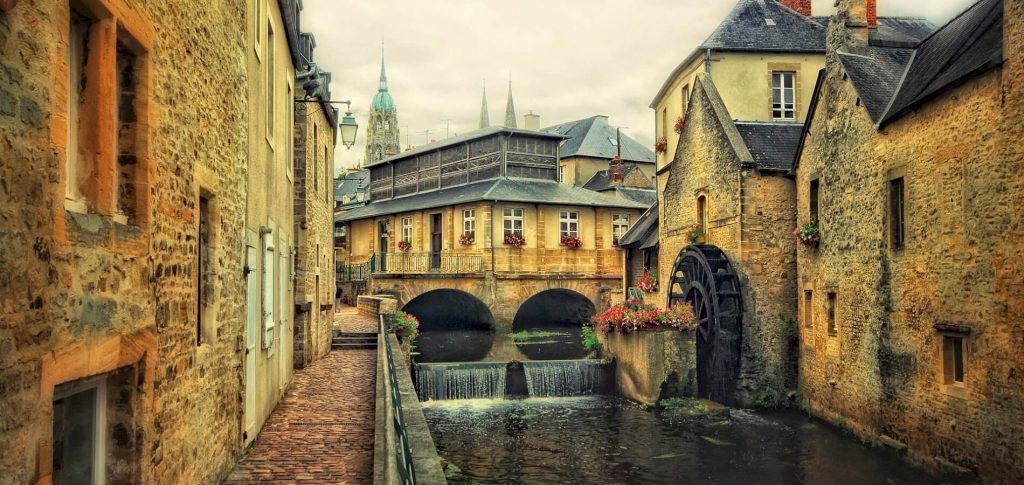 The historic timbered buildings and cobbled streets of old town Bayeux, Normandy