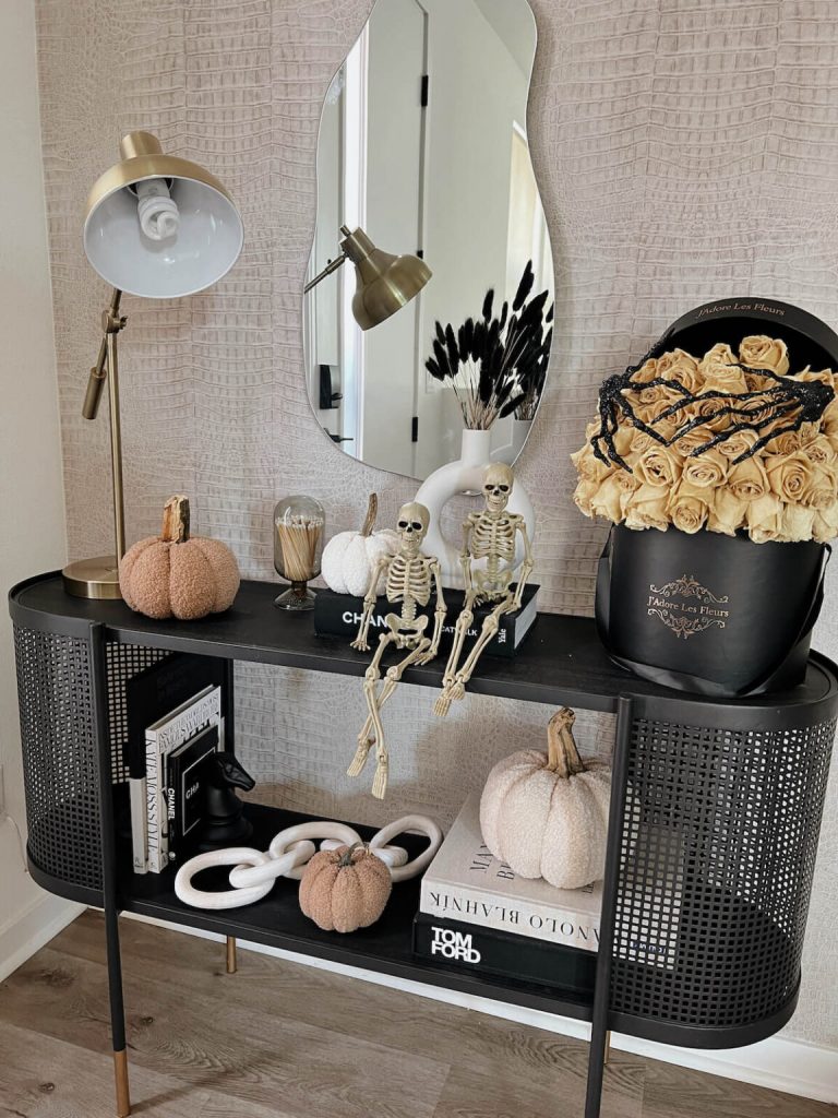 halloween display chic and simple , skeletons and roses