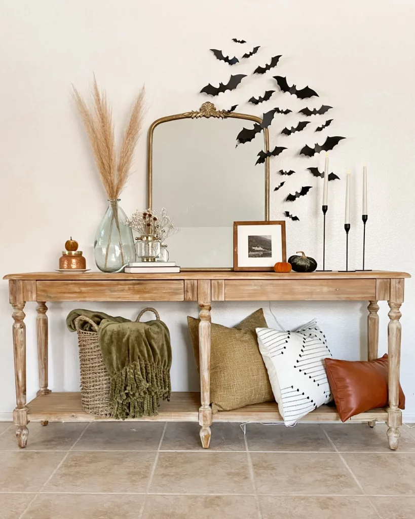 rustic boho entryway table paper bats