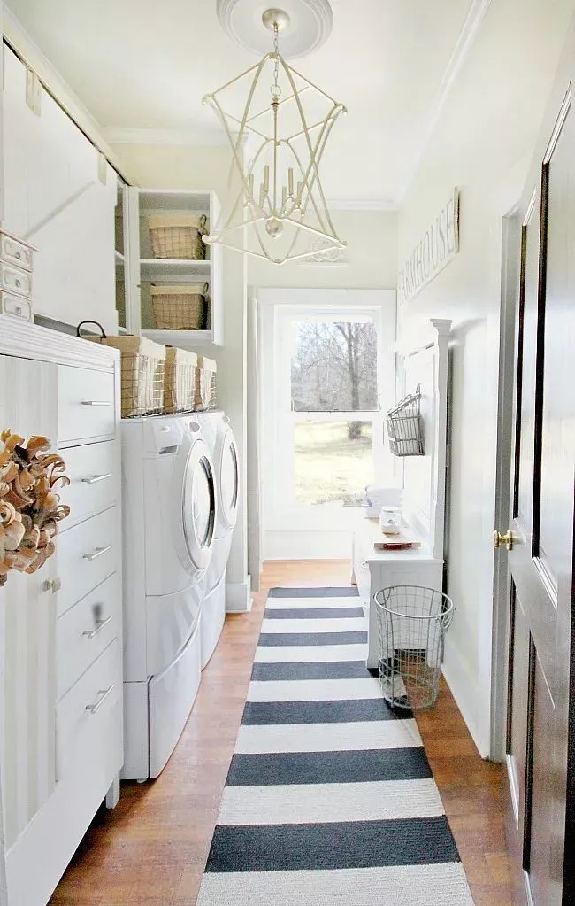 small mudroom with laundry idea. 
narrow laundry and mudroom decorating and designing example