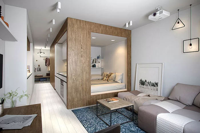 long narrow Studio Apartment Layout example