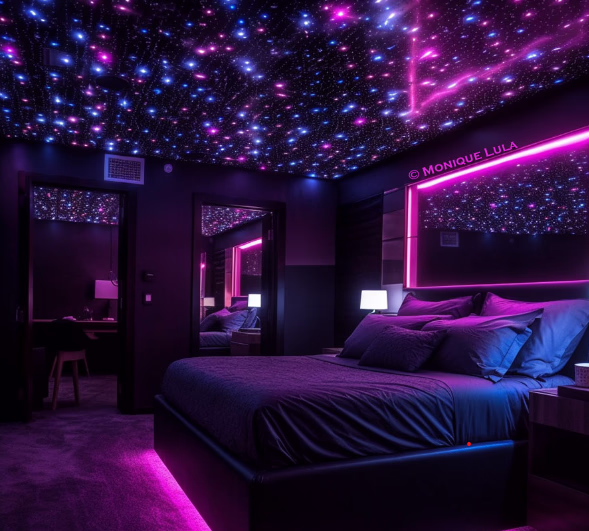 LED lighting in bedroom 
photo by https://www.instagram.com/glowlockets/#