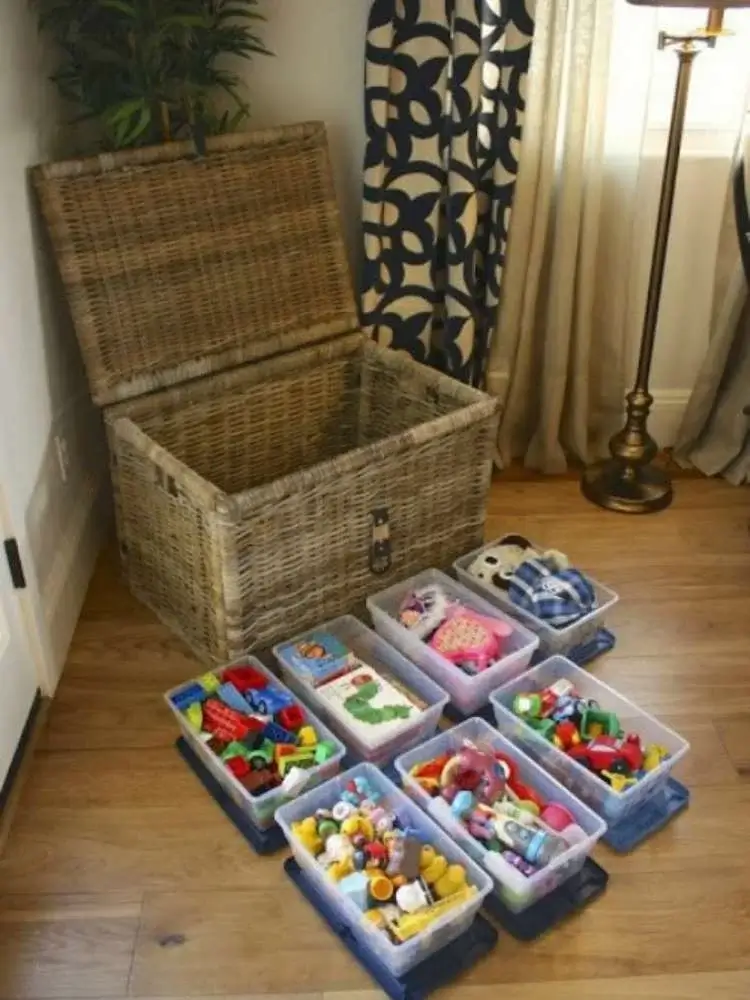 stackable bins for sorting toys in a chest