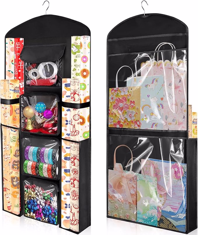 clutter in the house is organized with hanging wrapping paper organizer
