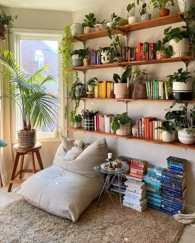 book shelf decorated with plants as bookends.