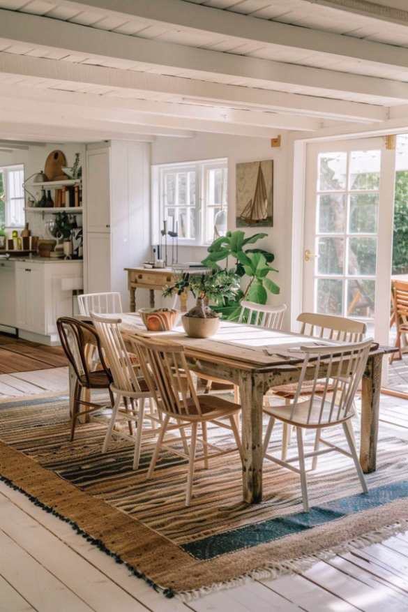 farmhouse style dining room using plants to decorate an empty wall