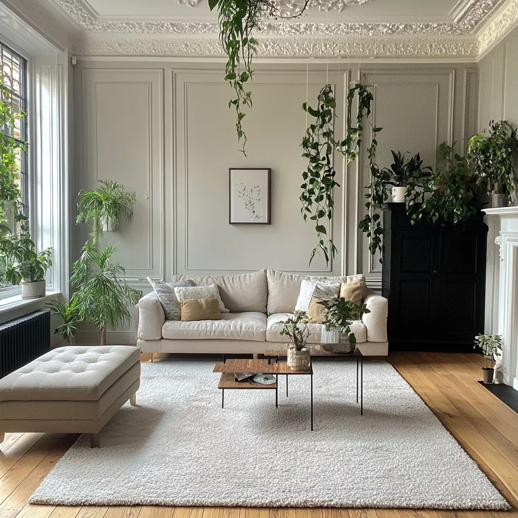living room using fake vining plants to decorate