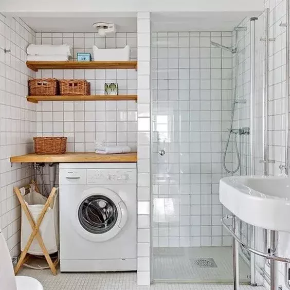laundry room and bathroom combination made better with storage and shelves