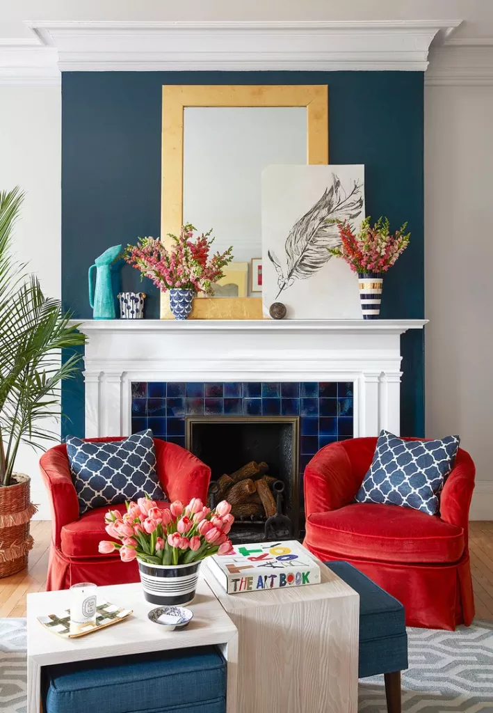 color psychology of red used in blue painted living room