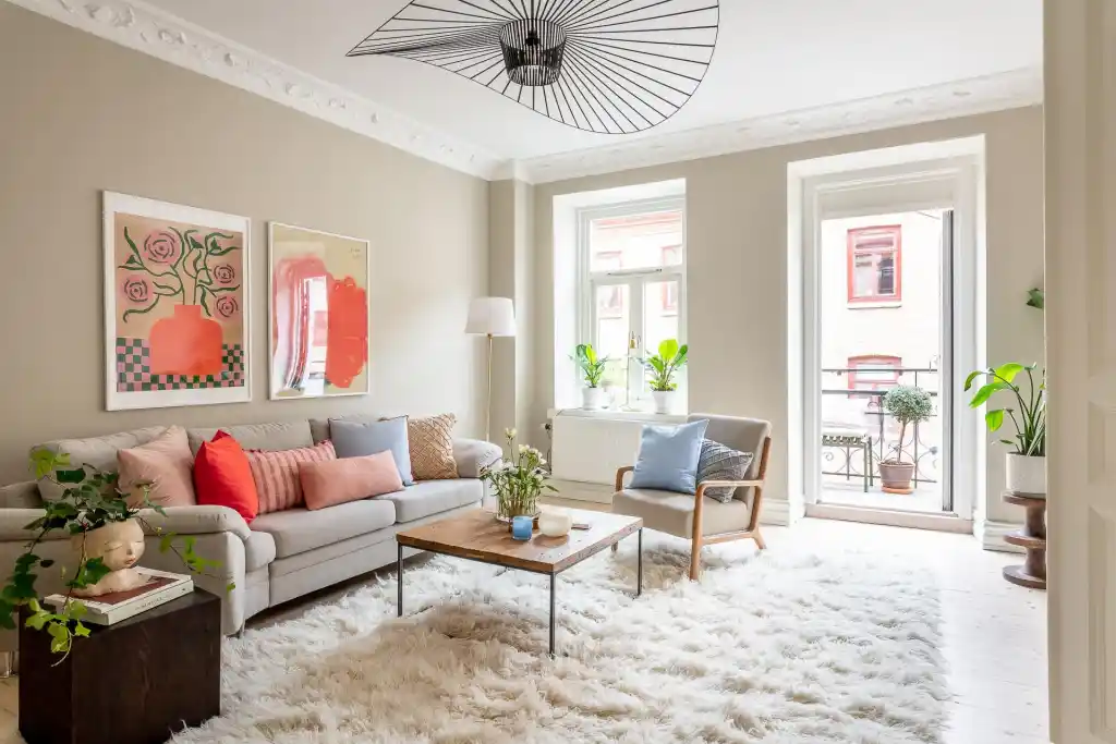 living room with red accents