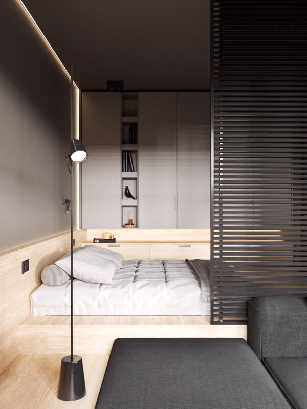 studio bedroom with futuristic minimalist and modern aesthetic