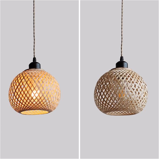 bamboo pendant light for natural finishes in a rustic boho kitchen.