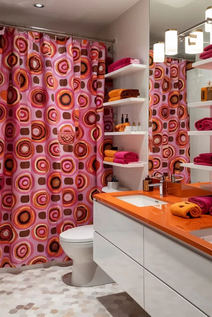 A funky bathroom decorated with bold shower curtains for a retro feel