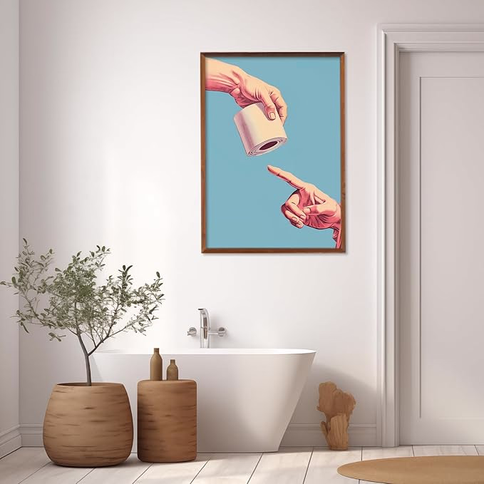 A funky bathroom decorated with vibrant wall art