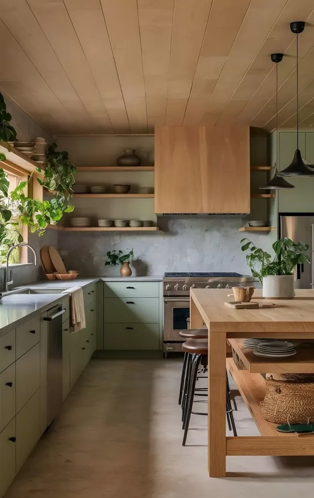 "Country kitchen with natural finishes, farmhouse sink, and wood accents."
