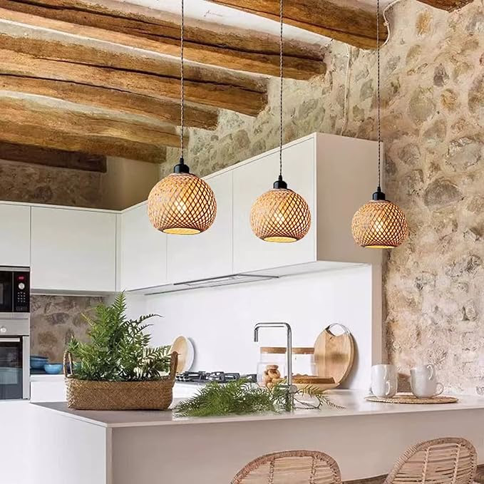 Country kitchen style with a rustic stone wall and warm lighting