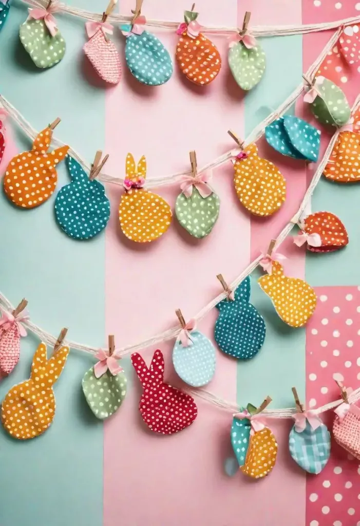 Whimsical fabric Easter garland made from colorful fabric scraps, perfect for a DIY, personalized Easter home decor display.