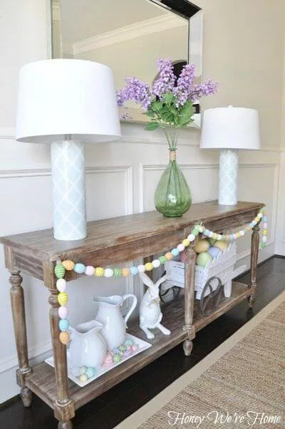 Festive Easter egg garland hanging in an entryway, creating a welcoming atmosphere for Easter decorations and seasonal celebrations