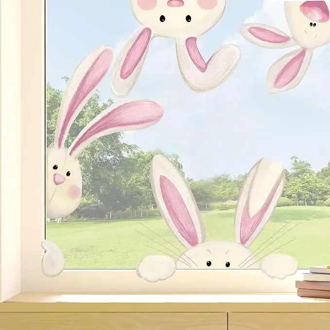 Easter window decals featuring peek-a-boo bunnies, perfect for adding Easter rabbit decor to windows and glass doors