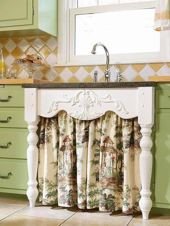 cottagecore style kitchen using curtain under the sink