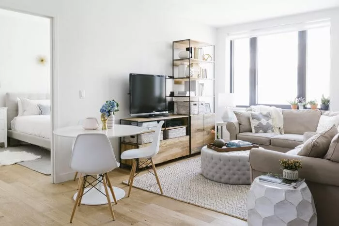  lounge room with curated shelves and stylish storage solutions