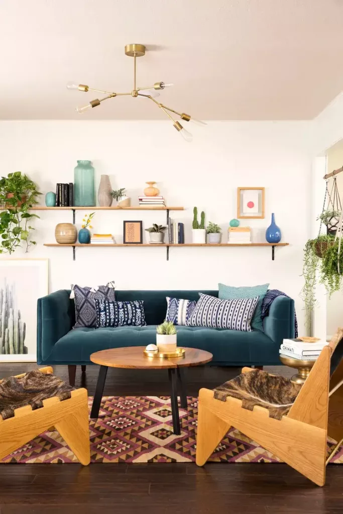 Living room shelves behind the couch