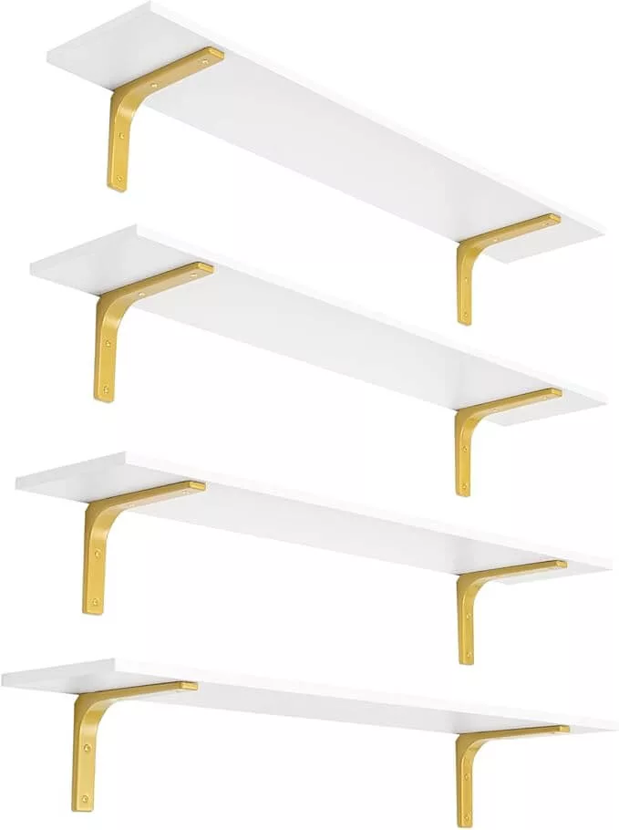 white and gold shelves