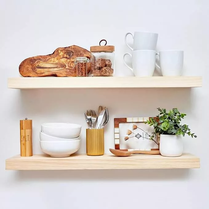 raw pin shelves for neutral living room decor 