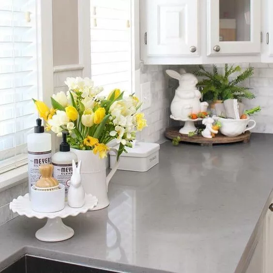 
tulips on a kitchen counter 
