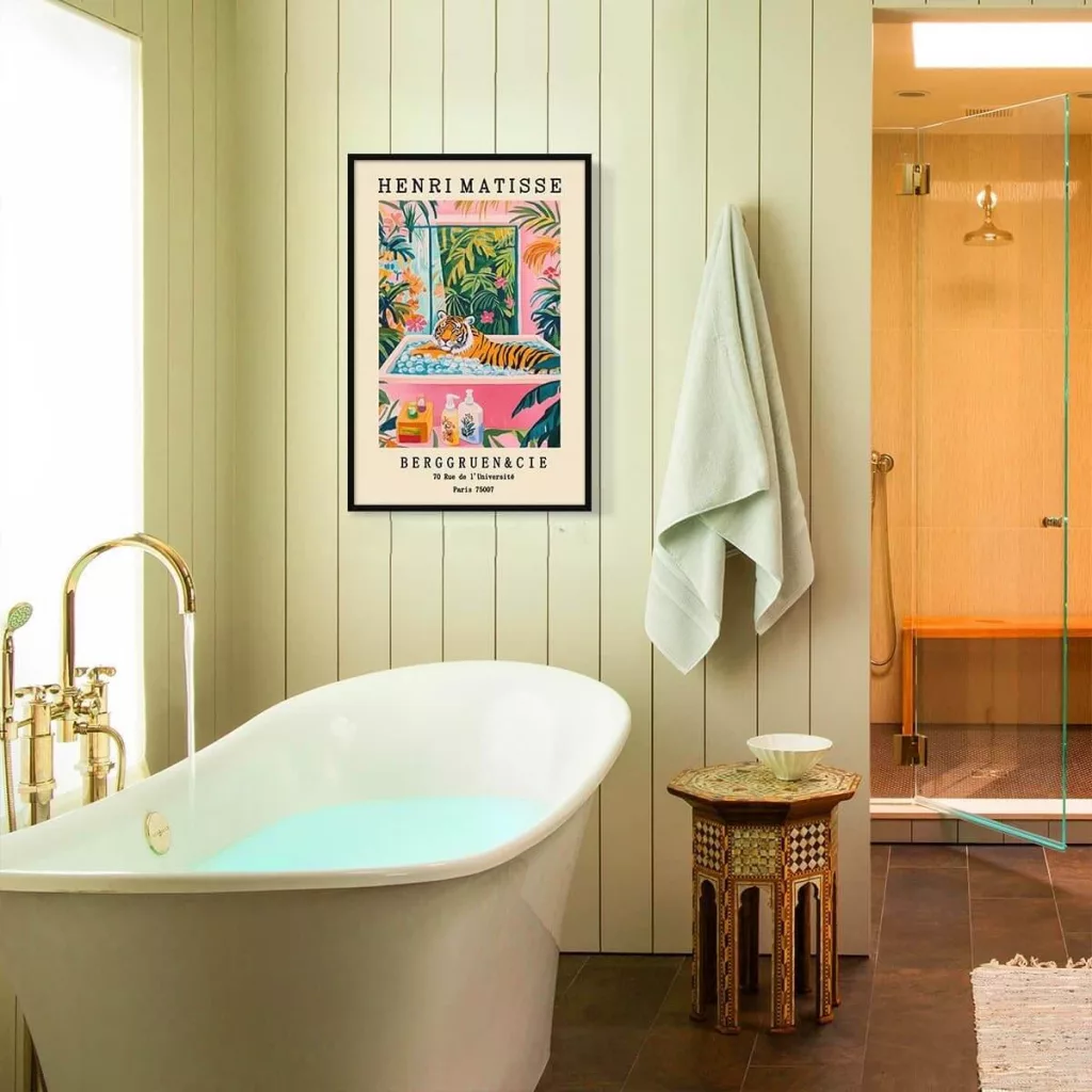 retro poster on the wall in a bathroom