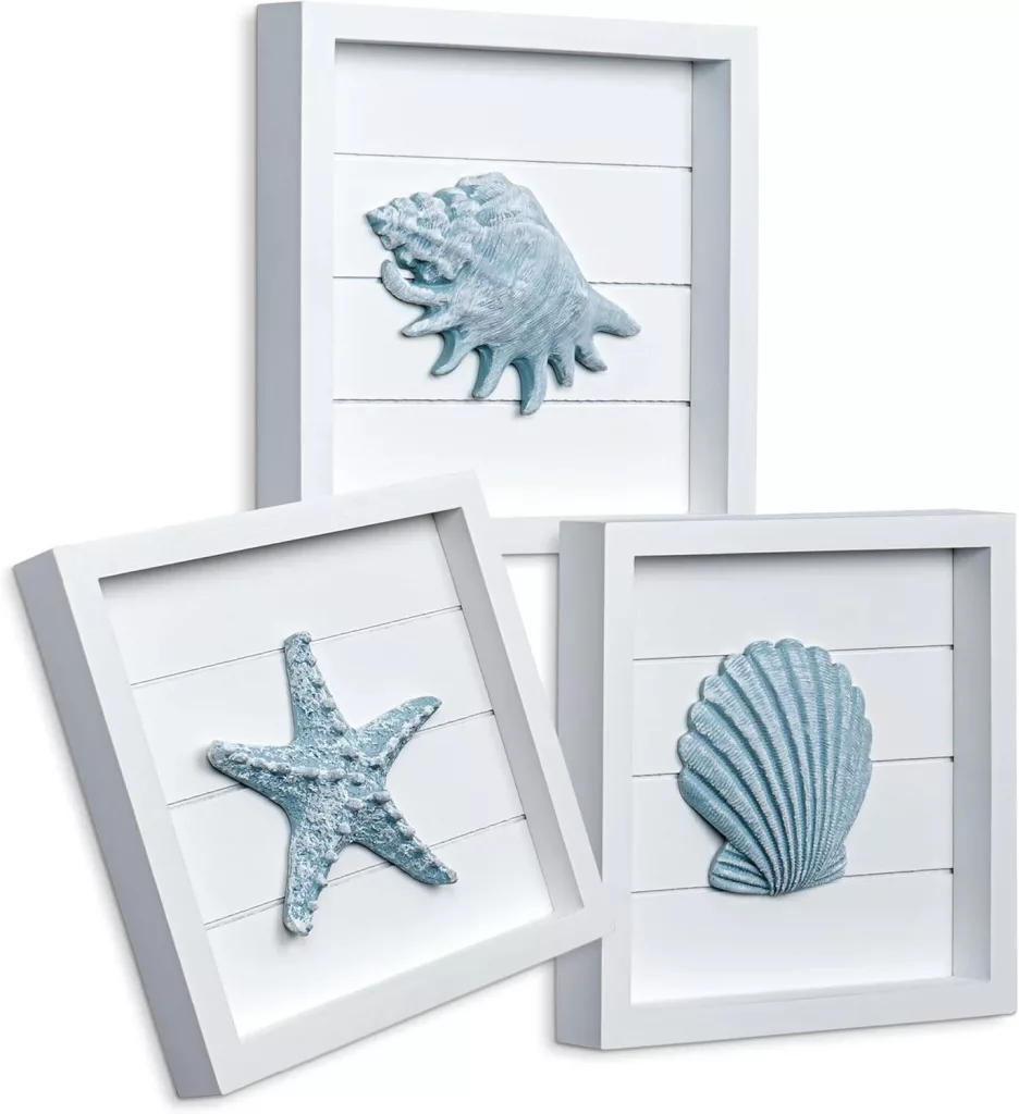 framed shells for coastal themed summer mantel decor