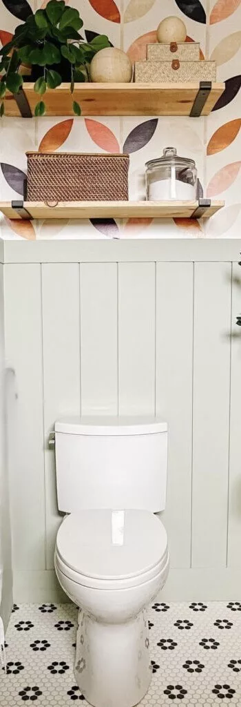 boho toilet room with shelves above the toilet decorated with plants and storage