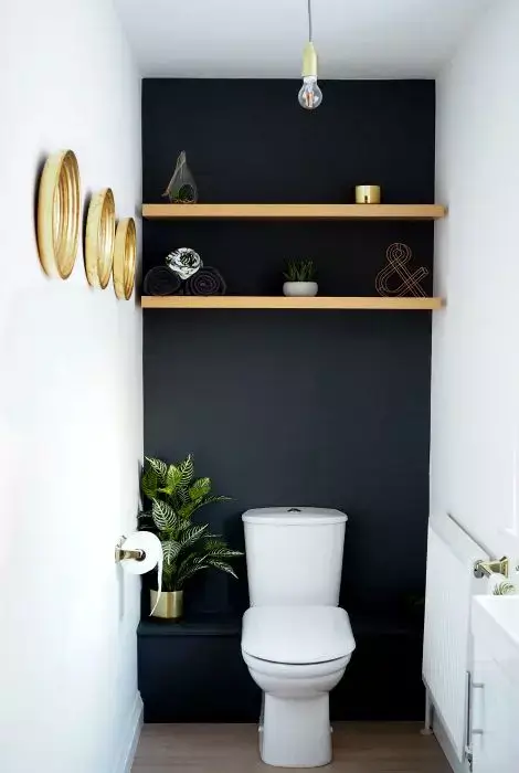 metallic over the toilet floating shelves in a modern water closet