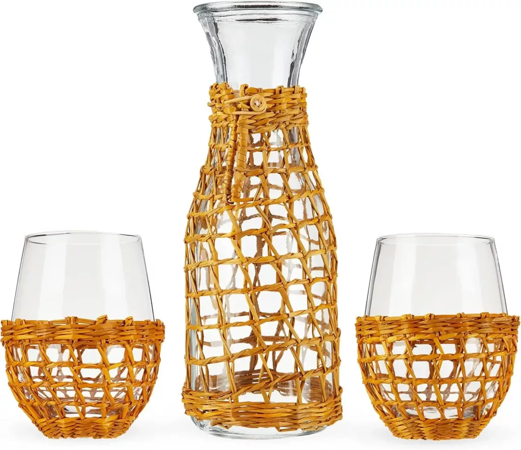 seagrass wrapped carafe and glasses