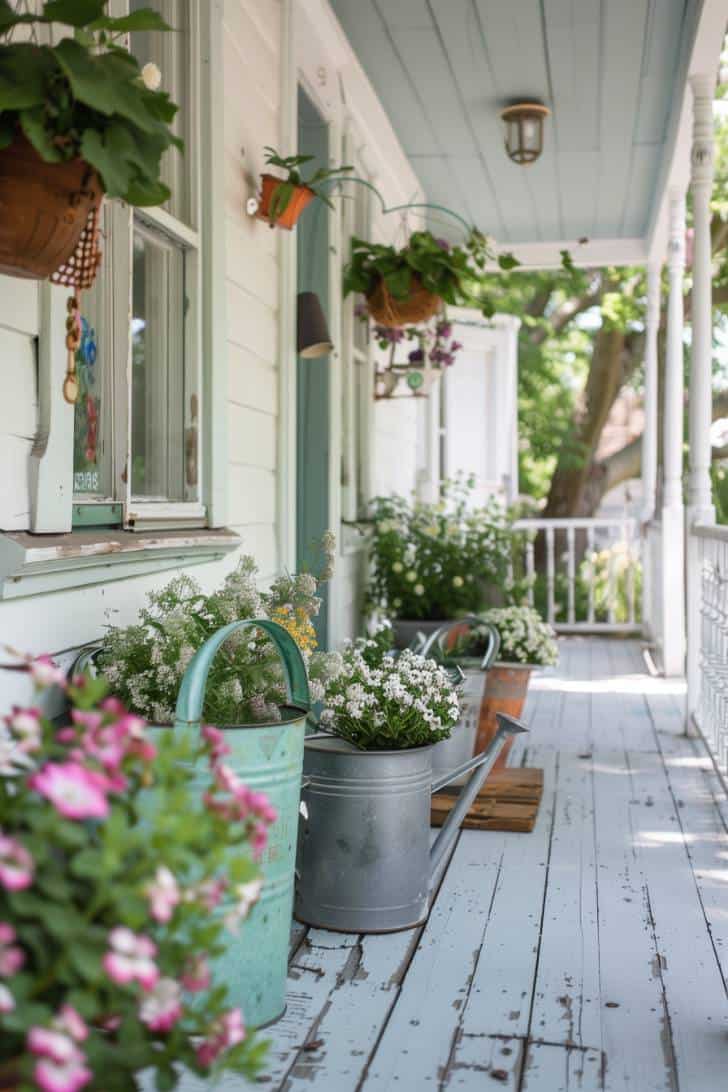 thrifted porch decor of old metal watering cans and buckets
