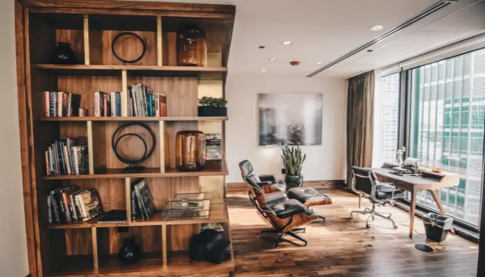 bookcase in studio apartment to divide rooms