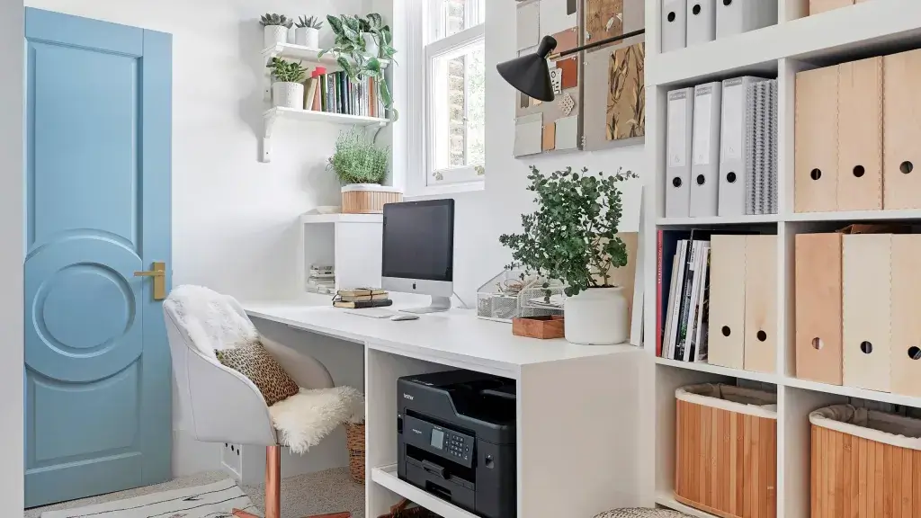 small home office with white walls for brightness